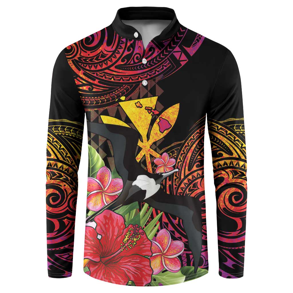 Hawaii Iwa Bird Button Sweatshirt Great Frigatebird Kanaka Tropical Hippie Style LT14 Black - Polynesian Pride