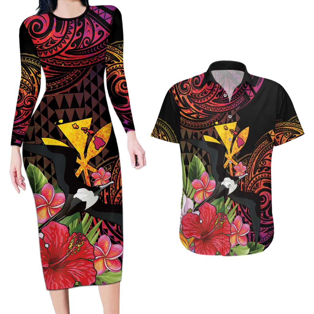 Hawaii Iwa Bird Couples Matching Long Sleeve Bodycon Dress and Hawaiian Shirt Great Frigatebird Kanaka Tropical Hippie Style - Polynesian Pride