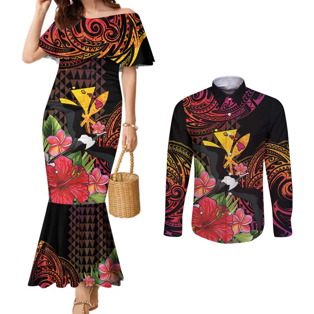 Hawaii Iwa Bird Couples Matching Mermaid Dress and Long Sleeve Button Shirt Great Frigatebird Kanaka Tropical Hippie Style - Polynesian Pride