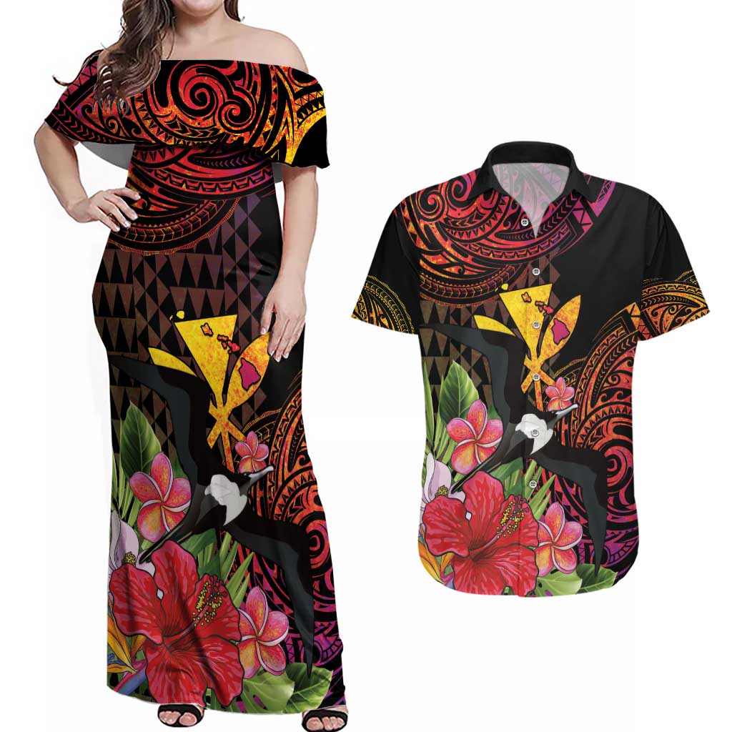 Hawaii Iwa Bird Couples Matching Off Shoulder Maxi Dress and Hawaiian Shirt Great Frigatebird Kanaka Tropical Hippie Style - Polynesian Pride