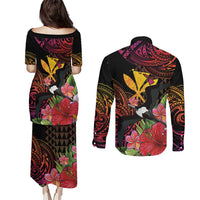 Hawaii Iwa Bird Couples Matching Puletasi and Long Sleeve Button Shirt Great Frigatebird Kanaka Tropical Hippie Style - Polynesian Pride