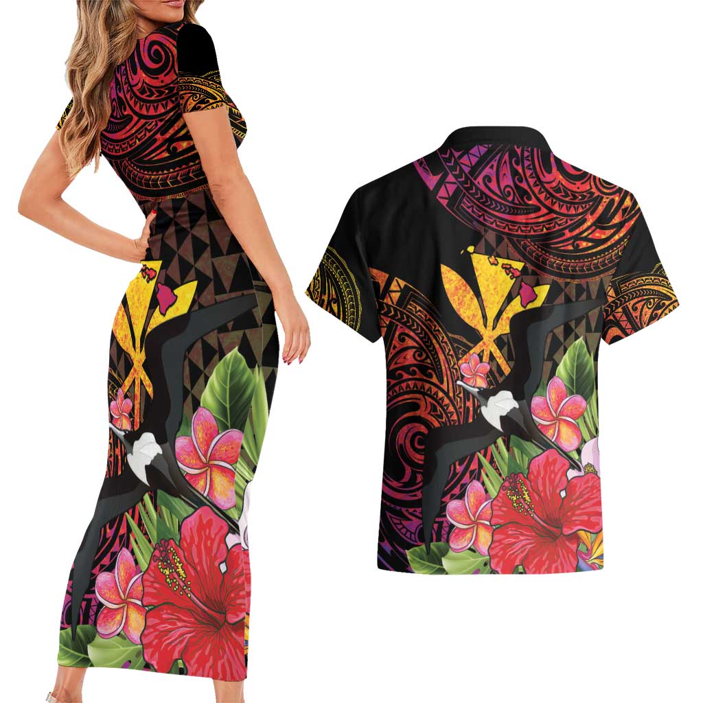 Hawaii Iwa Bird Couples Matching Short Sleeve Bodycon Dress and Hawaiian Shirt Great Frigatebird Kanaka Tropical Hippie Style - Polynesian Pride