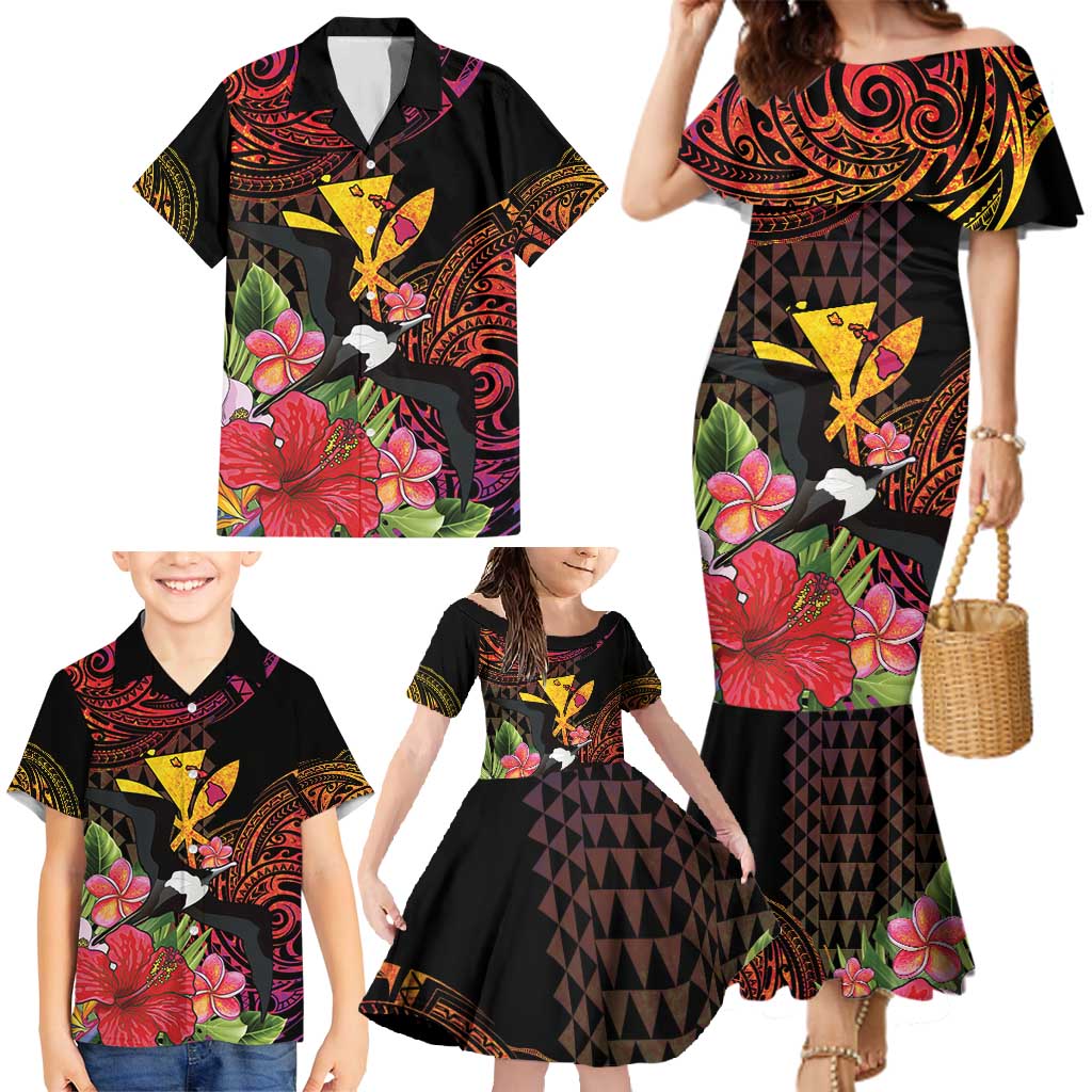 Hawaii Iwa Bird Family Matching Mermaid Dress and Hawaiian Shirt Great Frigatebird Kanaka Tropical Hippie Style - Polynesian Pride