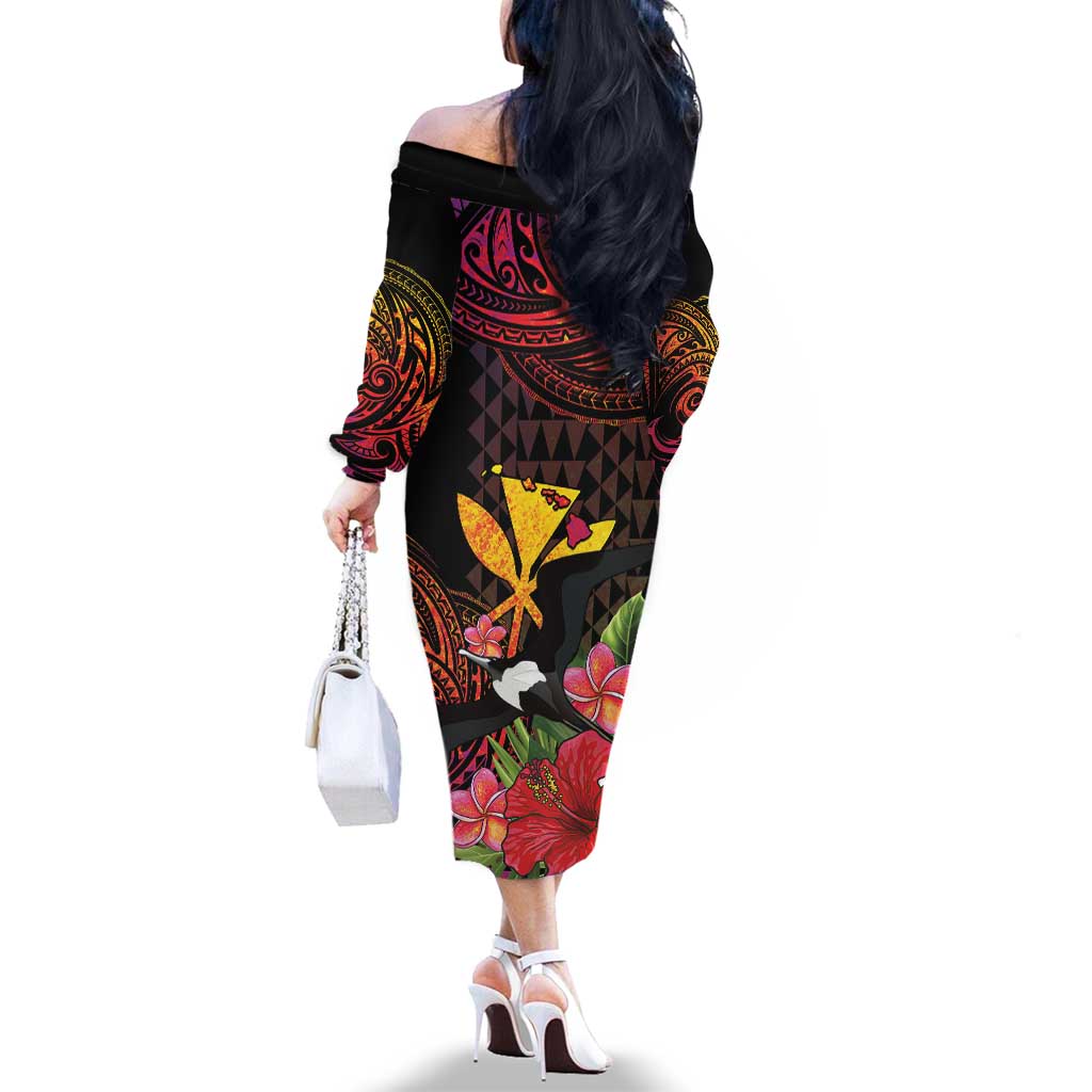 Hawaii Iwa Bird Family Matching Off The Shoulder Long Sleeve Dress and Hawaiian Shirt Great Frigatebird Kanaka Tropical Hippie Style - Polynesian Pride