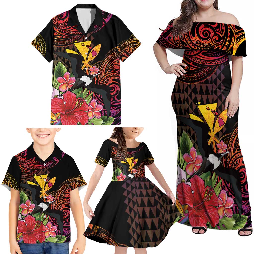 Hawaii Iwa Bird Family Matching Off Shoulder Maxi Dress and Hawaiian Shirt Great Frigatebird Kanaka Tropical Hippie Style - Polynesian Pride