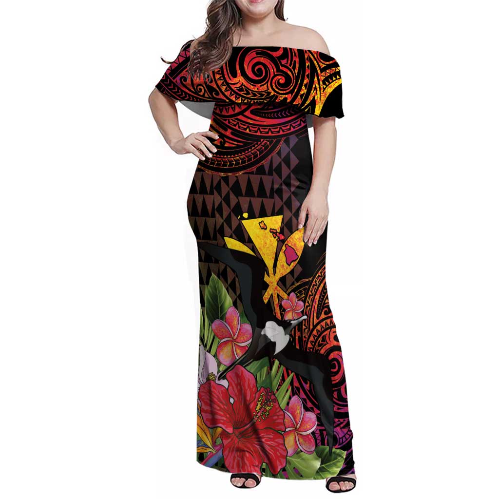 Hawaii Iwa Bird Family Matching Off Shoulder Maxi Dress and Hawaiian Shirt Great Frigatebird Kanaka Tropical Hippie Style - Polynesian Pride
