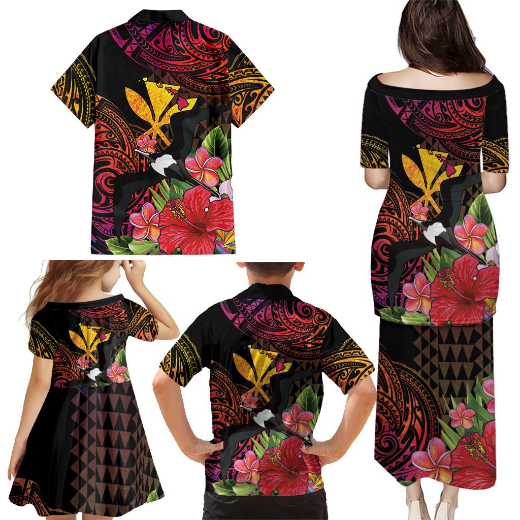 Hawaii Iwa Bird Family Matching Puletasi and Hawaiian Shirt Great Frigatebird Kanaka Tropical Hippie Style - Polynesian Pride