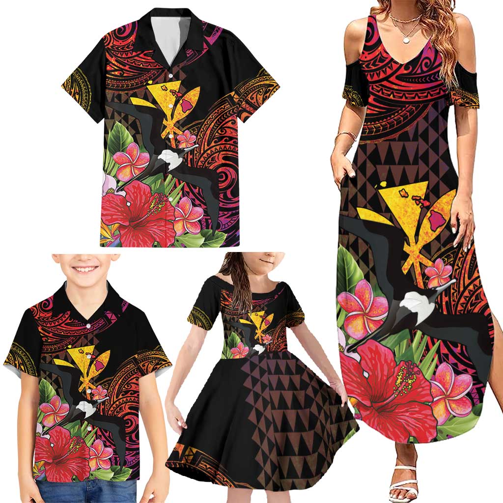 Hawaii Iwa Bird Family Matching Summer Maxi Dress and Hawaiian Shirt Great Frigatebird Kanaka Tropical Hippie Style - Polynesian Pride