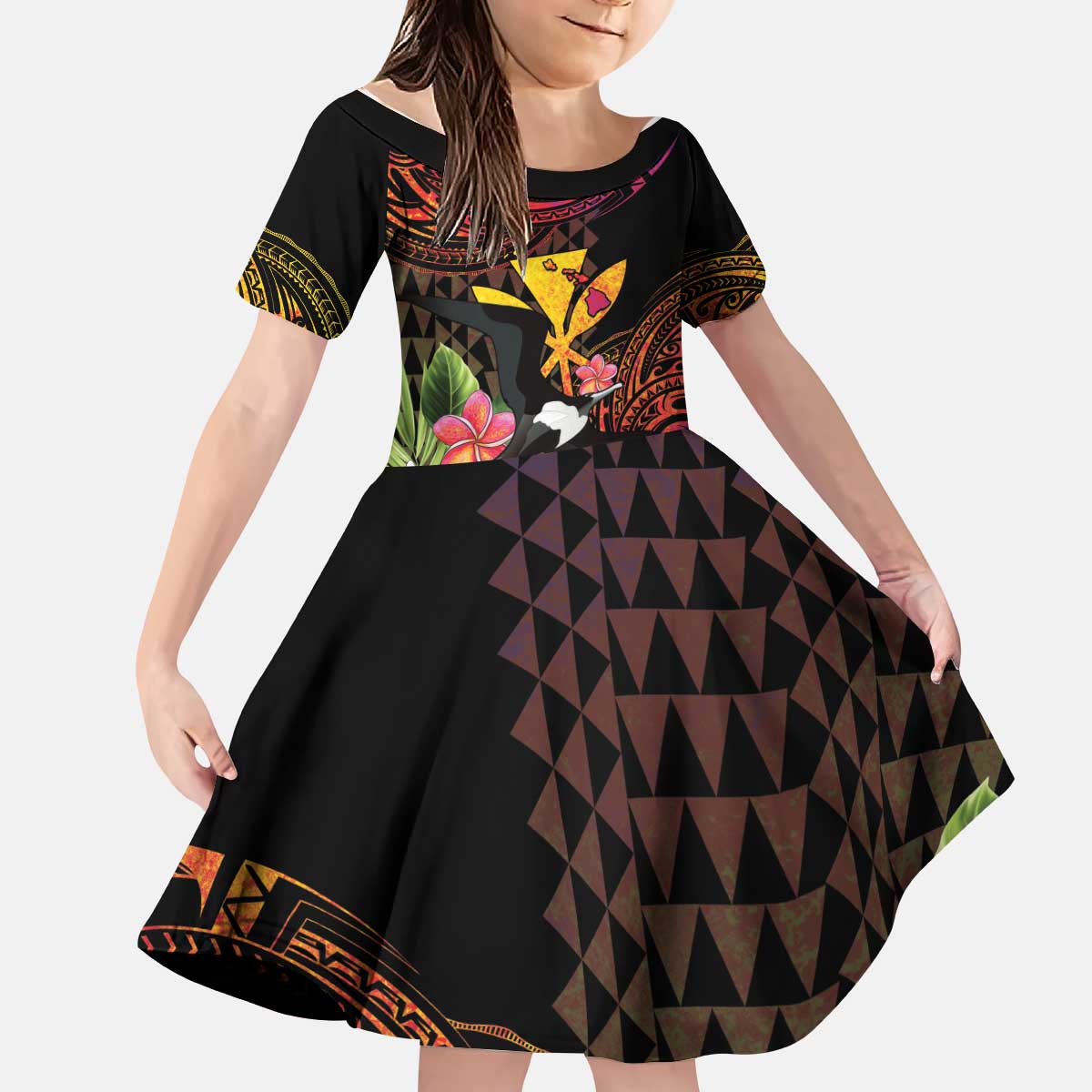 Hawaii Iwa Bird Kid Short Sleeve Dress Great Frigatebird Kanaka Tropical Hippie Style - Polynesian Pride