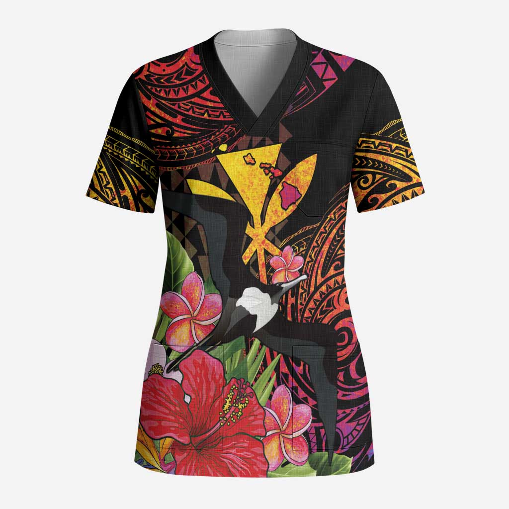 Hawaii Iwa Bird Scrub Top Great Frigatebird Kanaka Tropical Hippie Style LT14 Adult Black - Polynesian Pride