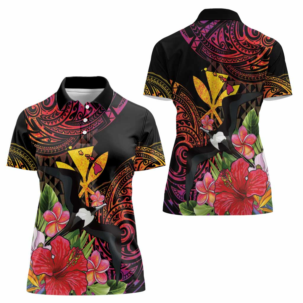 Hawaii Iwa Bird Women Polo Shirt Great Frigatebird Kanaka Tropical Hippie Style - Polynesian Pride