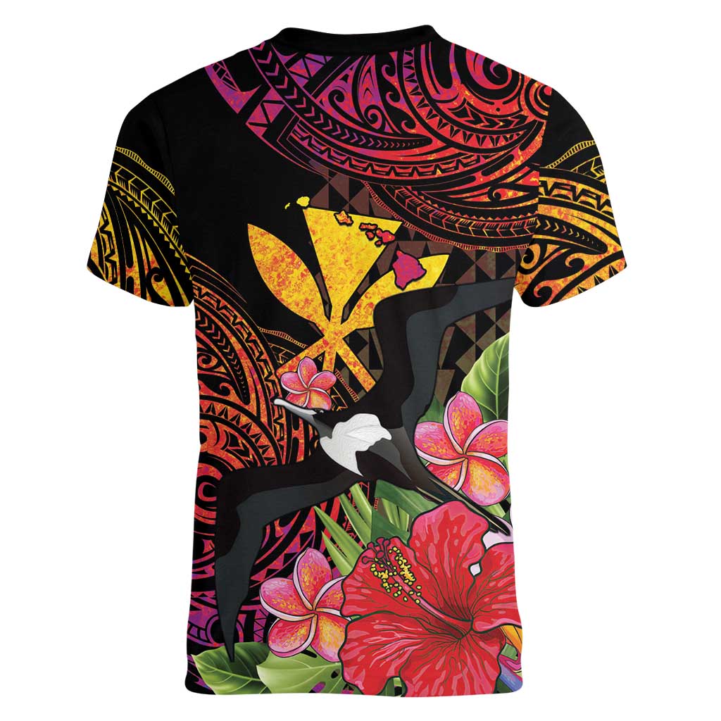 Hawaii Iwa Bird Women V-Neck T-Shirt Great Frigatebird Kanaka Tropical Hippie Style - Polynesian Pride