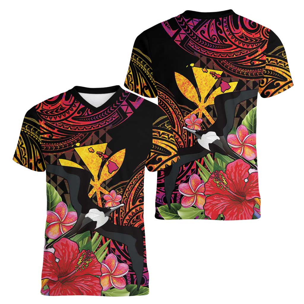 Hawaii Iwa Bird Women V-Neck T-Shirt Great Frigatebird Kanaka Tropical Hippie Style - Polynesian Pride