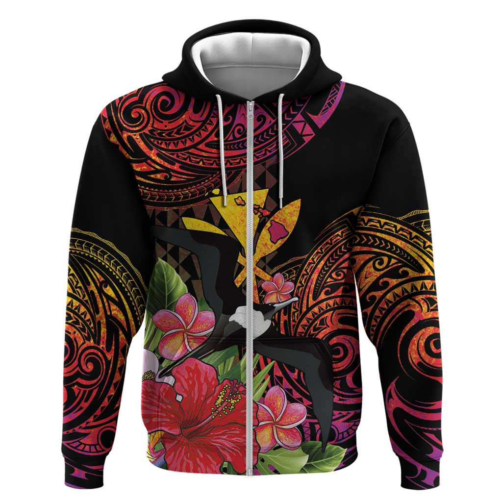 Hawaii Iwa Bird Zip Hoodie Great Frigatebird Kanaka Tropical Hippie Style LT14 Zip Hoodie Black - Polynesian Pride