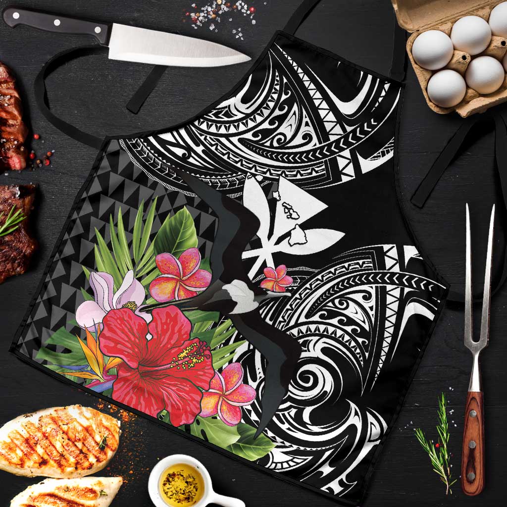 Hawaii Iwa Bird Apron Great Frigatebird Kanaka Tropical Flowers LT14 Black - Polynesian Pride