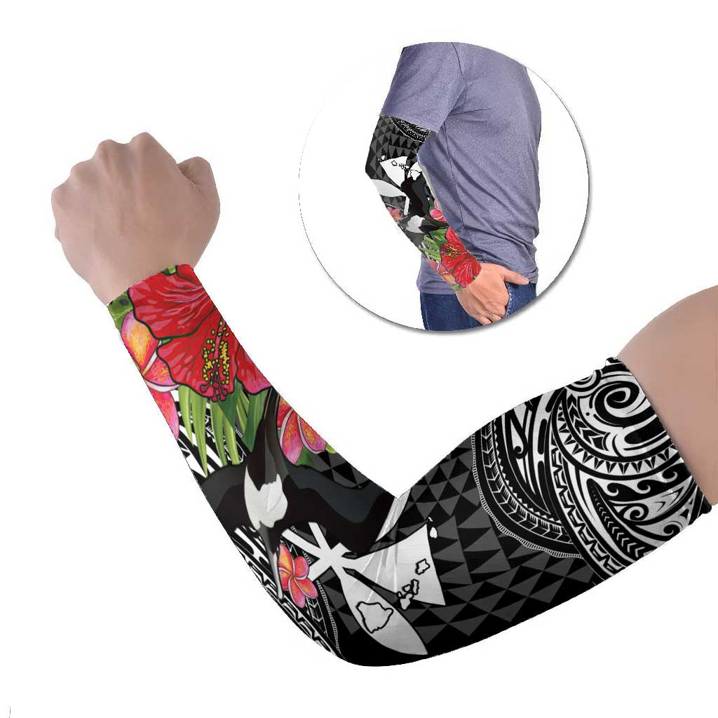 Hawaii Iwa Bird Arm Sleeves Great Frigatebird Kanaka Tropical Flowers LT14 Set of 2 Black - Polynesian Pride
