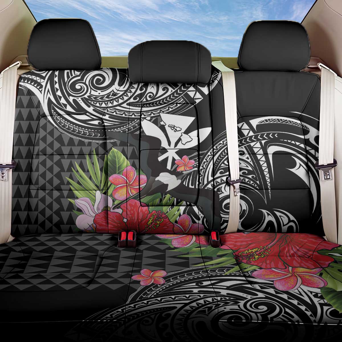 Hawaii Iwa Bird Back Car Seat Cover Great Frigatebird Kanaka Tropical Flowers LT14 One Size Black - Polynesian Pride