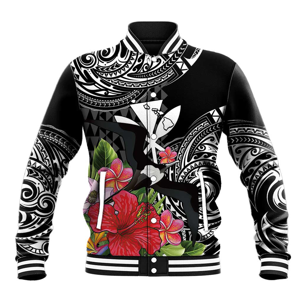 Hawaii Iwa Bird Baseball Jacket Great Frigatebird Kanaka Tropical Flowers LT14 Unisex Black - Polynesian Pride