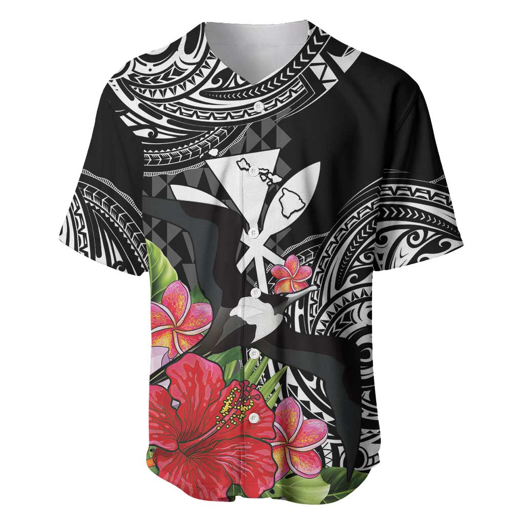 Hawaii Iwa Bird Baseball Jersey Great Frigatebird Kanaka Tropical Flowers LT14 Black - Polynesian Pride