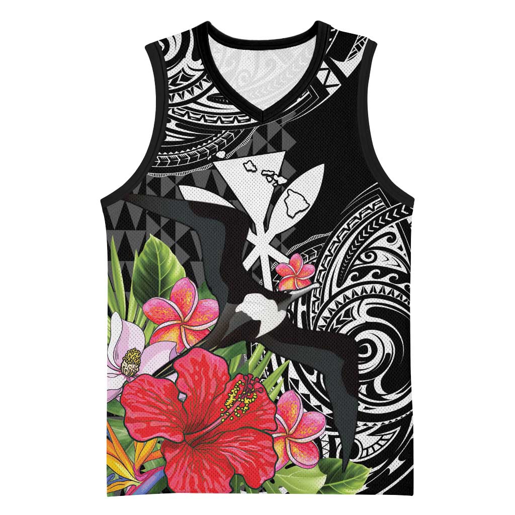 Hawaii Iwa Bird Basketball Jersey Great Frigatebird Kanaka Tropical Flowers LT14 Unisex Black - Polynesian Pride