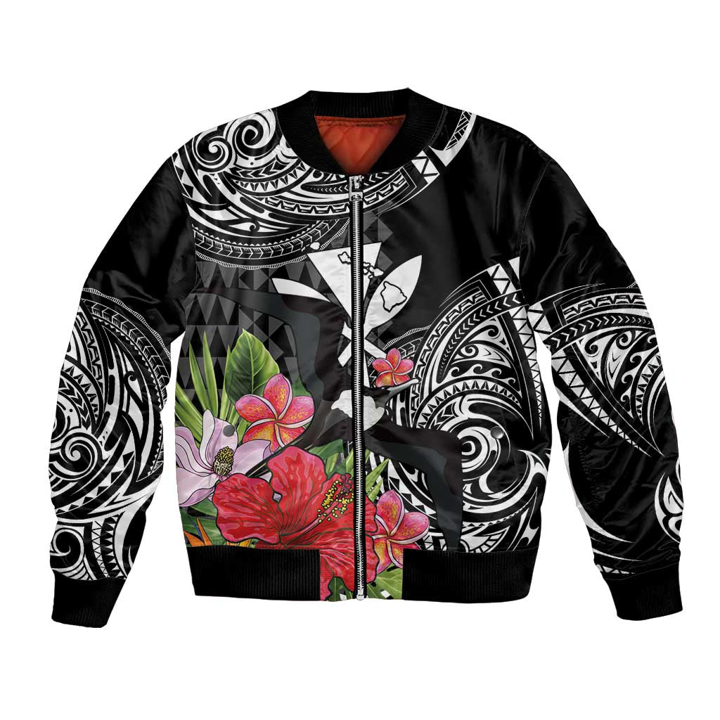 Hawaii Iwa Bird Bomber Jacket Great Frigatebird Kanaka Tropical Flowers - Polynesian Pride