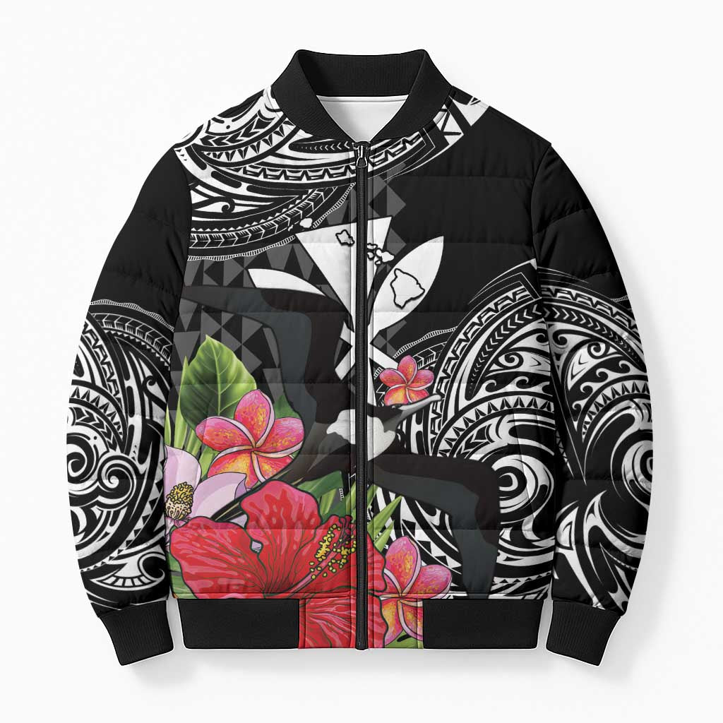 Hawaii Iwa Bird Bomber Puffer Jacket Great Frigatebird Kanaka Tropical Flowers LT14 Unisex Black - Polynesian Pride