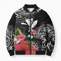 Hawaii Iwa Bird Bomber Puffer Jacket Great Frigatebird Kanaka Tropical Flowers LT14 Unisex Black - Polynesian Pride