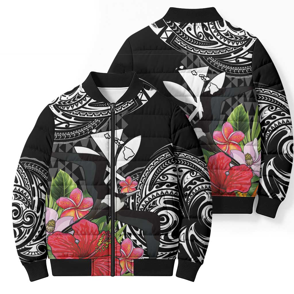 Hawaii Iwa Bird Bomber Puffer Jacket Great Frigatebird Kanaka Tropical Flowers LT14 - Polynesian Pride