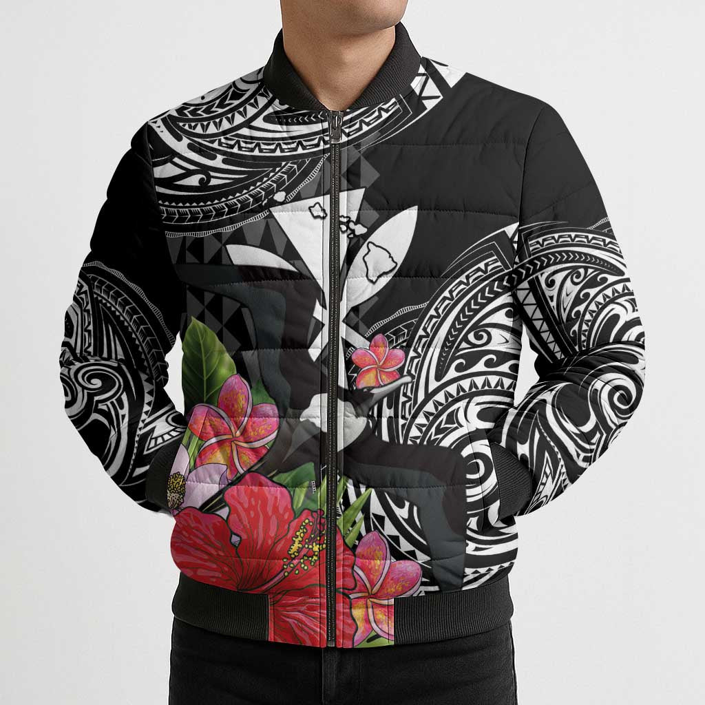 Hawaii Iwa Bird Bomber Puffer Jacket Great Frigatebird Kanaka Tropical Flowers LT14 - Polynesian Pride