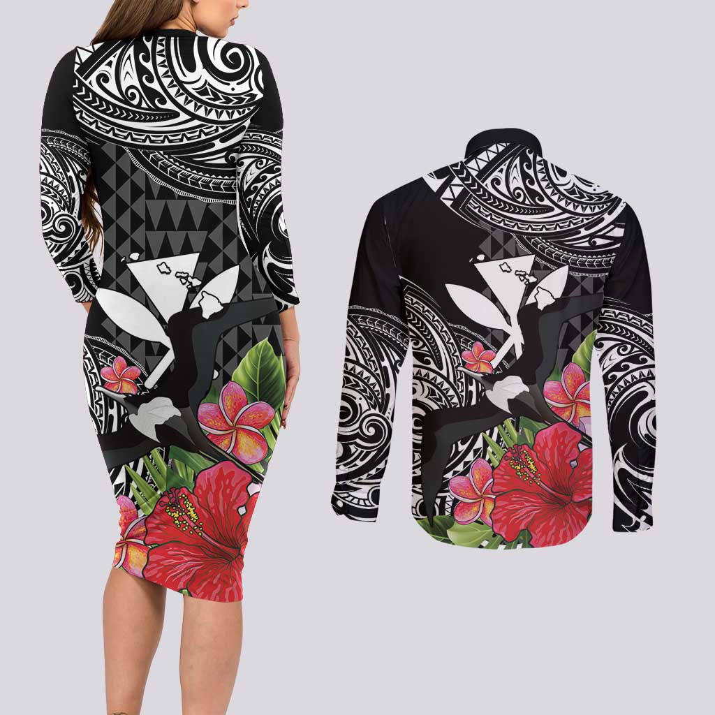 Hawaii Iwa Bird Couples Matching Long Sleeve Bodycon Dress and Long Sleeve Button Shirt Great Frigatebird Kanaka Tropical Flowers - Polynesian Pride