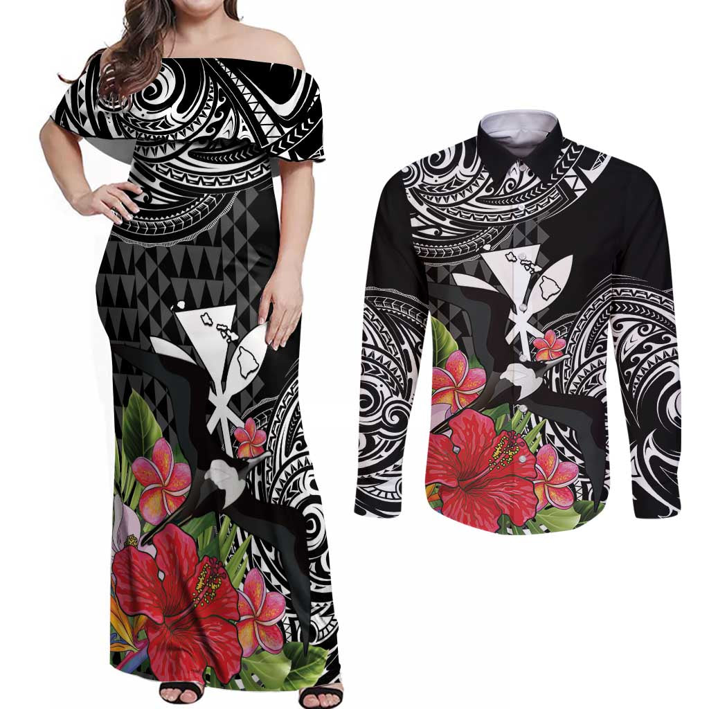 Hawaii Iwa Bird Couples Matching Off Shoulder Maxi Dress and Long Sleeve Button Shirt Great Frigatebird Kanaka Tropical Flowers - Polynesian Pride