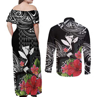 Hawaii Iwa Bird Couples Matching Off Shoulder Maxi Dress and Long Sleeve Button Shirt Great Frigatebird Kanaka Tropical Flowers - Polynesian Pride