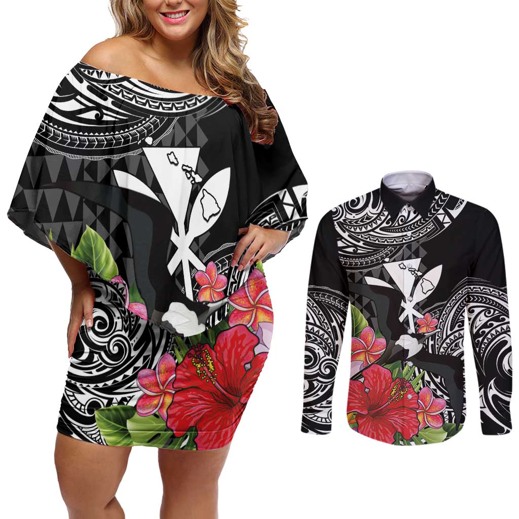 Hawaii Iwa Bird Couples Matching Off Shoulder Short Dress and Long Sleeve Button Shirt Great Frigatebird Kanaka Tropical Flowers - Polynesian Pride