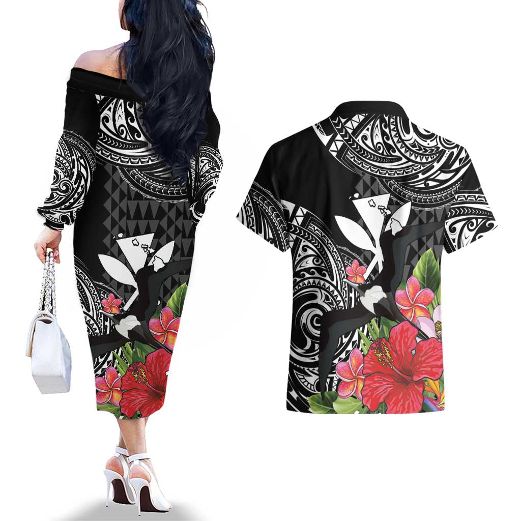 Hawaii Iwa Bird Couples Matching Off The Shoulder Long Sleeve Dress and Hawaiian Shirt Great Frigatebird Kanaka Tropical Flowers - Polynesian Pride