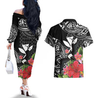 Hawaii Iwa Bird Couples Matching Off The Shoulder Long Sleeve Dress and Hawaiian Shirt Great Frigatebird Kanaka Tropical Flowers - Polynesian Pride