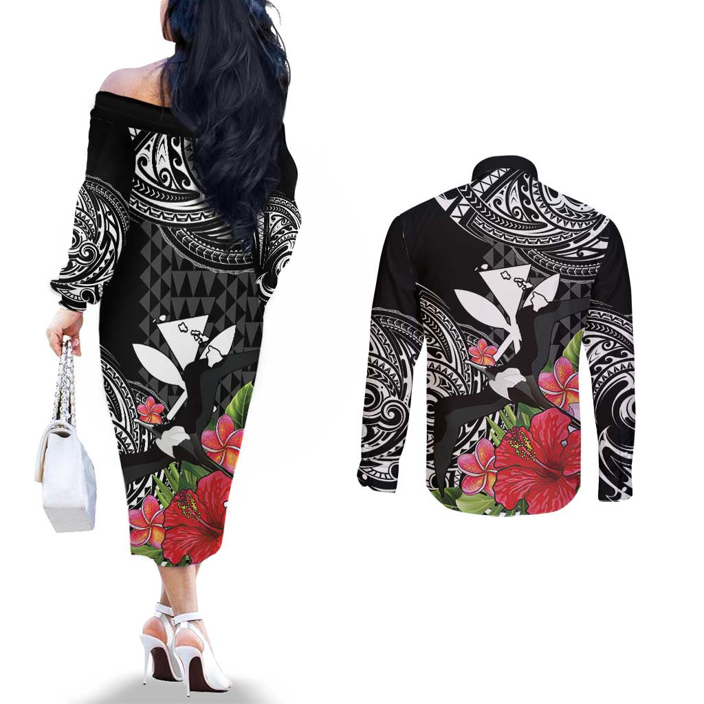 Hawaii Iwa Bird Couples Matching Off The Shoulder Long Sleeve Dress and Long Sleeve Button Shirt Great Frigatebird Kanaka Tropical Flowers - Polynesian Pride