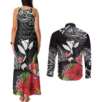 Hawaii Iwa Bird Couples Matching Tank Maxi Dress and Long Sleeve Button Shirt Great Frigatebird Kanaka Tropical Flowers - Polynesian Pride
