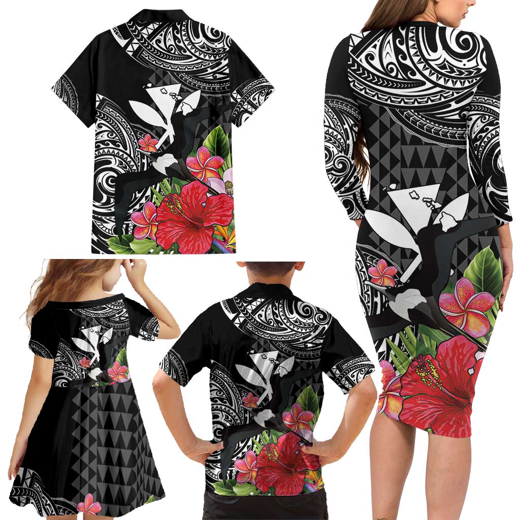 Hawaii Iwa Bird Family Matching Long Sleeve Bodycon Dress and Hawaiian Shirt Great Frigatebird Kanaka Tropical Flowers - Polynesian Pride