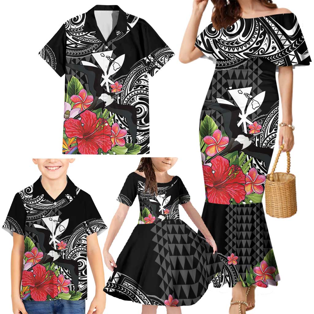 Hawaii Iwa Bird Family Matching Mermaid Dress and Hawaiian Shirt Great Frigatebird Kanaka Tropical Flowers - Polynesian Pride