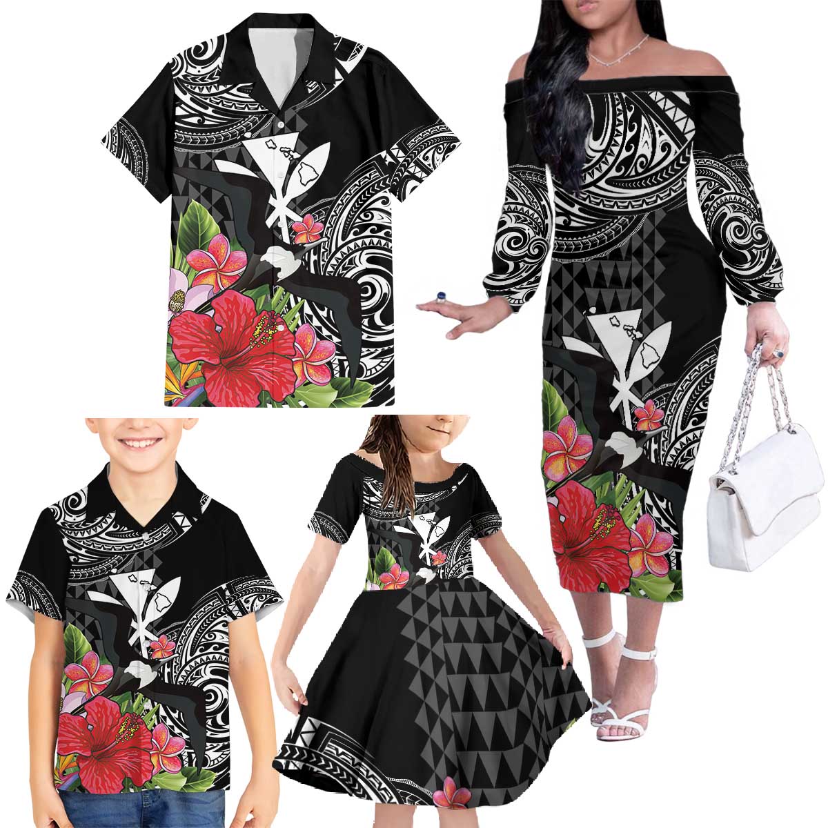 Hawaii Iwa Bird Family Matching Off The Shoulder Long Sleeve Dress and Hawaiian Shirt Great Frigatebird Kanaka Tropical Flowers - Polynesian Pride