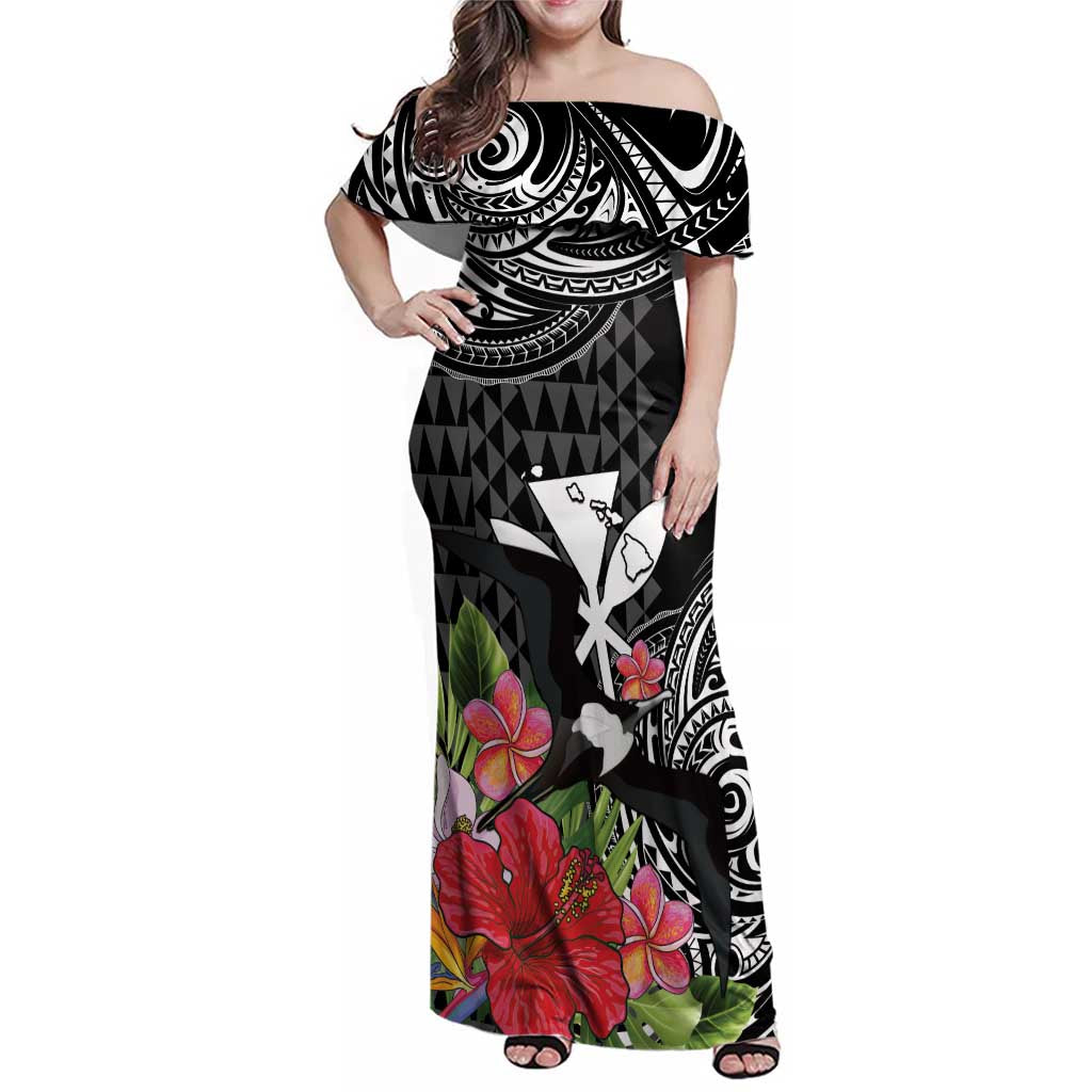 Hawaii Iwa Bird Family Matching Off Shoulder Maxi Dress and Hawaiian Shirt Great Frigatebird Kanaka Tropical Flowers - Polynesian Pride