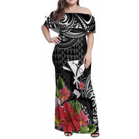 Hawaii Iwa Bird Family Matching Off Shoulder Maxi Dress and Hawaiian Shirt Great Frigatebird Kanaka Tropical Flowers - Polynesian Pride