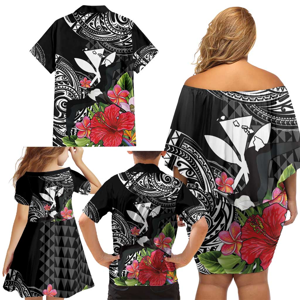 Hawaii Iwa Bird Family Matching Off Shoulder Short Dress and Hawaiian Shirt Great Frigatebird Kanaka Tropical Flowers - Polynesian Pride