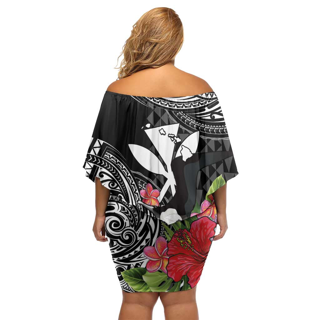 Hawaii Iwa Bird Family Matching Off Shoulder Short Dress and Hawaiian Shirt Great Frigatebird Kanaka Tropical Flowers - Polynesian Pride