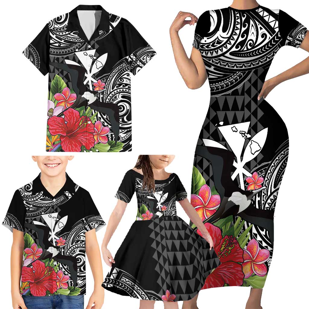Hawaii Iwa Bird Family Matching Short Sleeve Bodycon Dress and Hawaiian Shirt Great Frigatebird Kanaka Tropical Flowers - Polynesian Pride