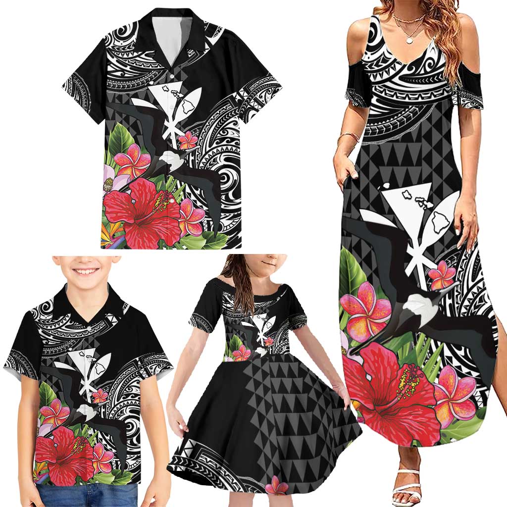 Hawaii Iwa Bird Family Matching Summer Maxi Dress and Hawaiian Shirt Great Frigatebird Kanaka Tropical Flowers - Polynesian Pride