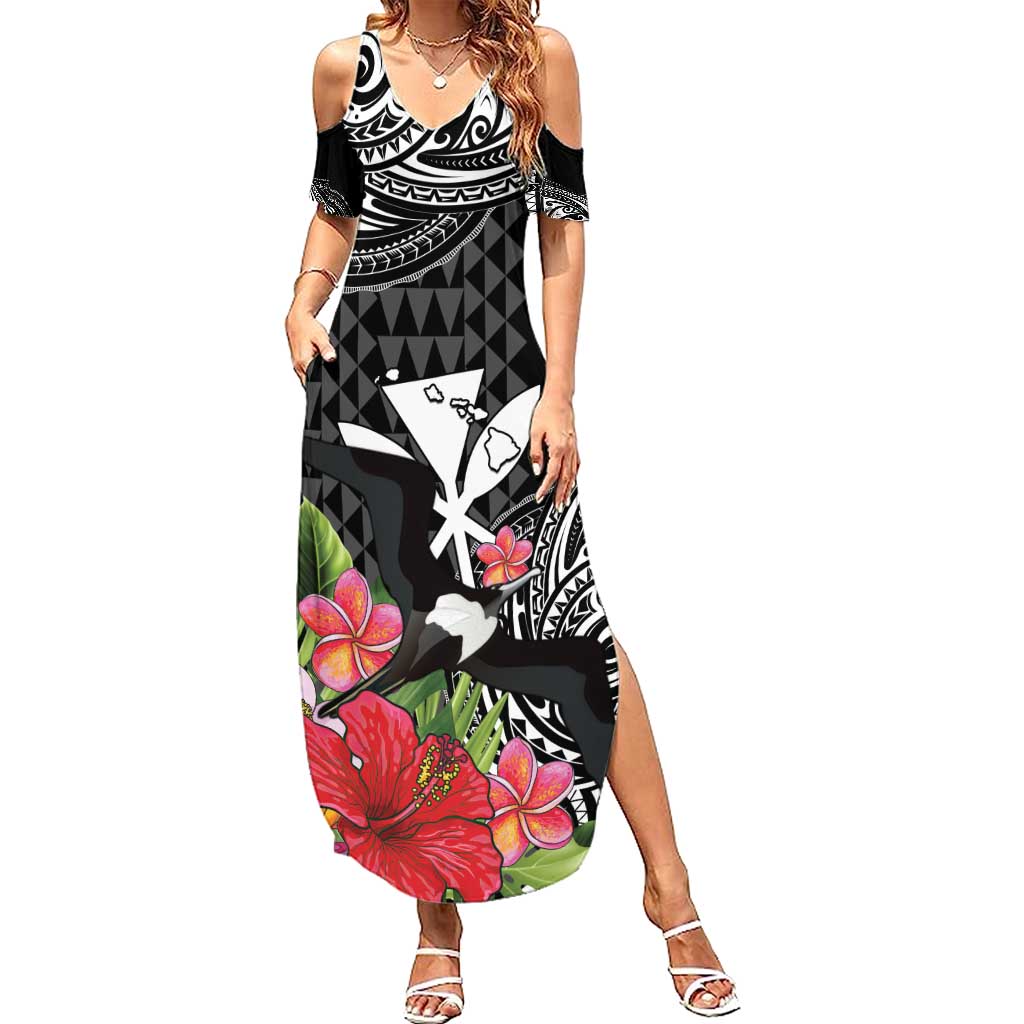 Hawaii Iwa Bird Family Matching Summer Maxi Dress and Hawaiian Shirt Great Frigatebird Kanaka Tropical Flowers - Polynesian Pride