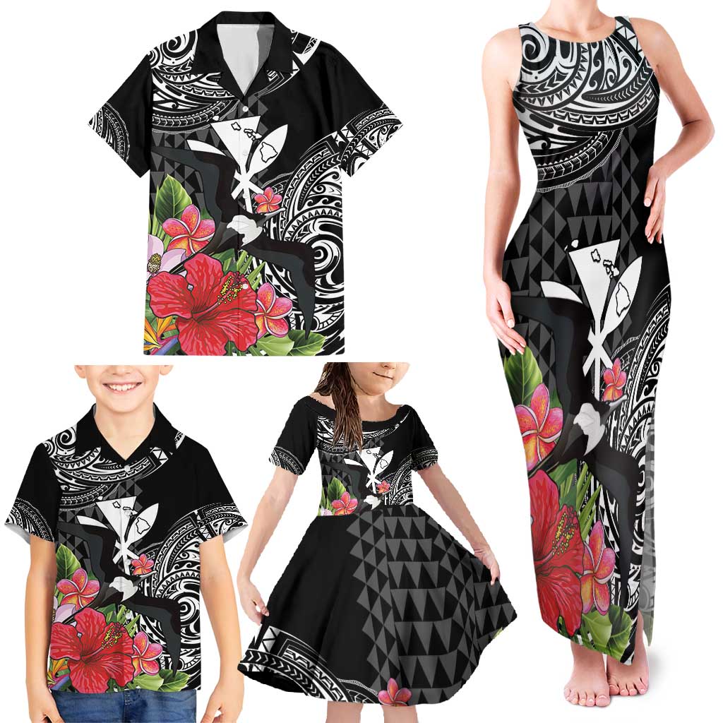 Hawaii Iwa Bird Family Matching Tank Maxi Dress and Hawaiian Shirt Great Frigatebird Kanaka Tropical Flowers - Polynesian Pride