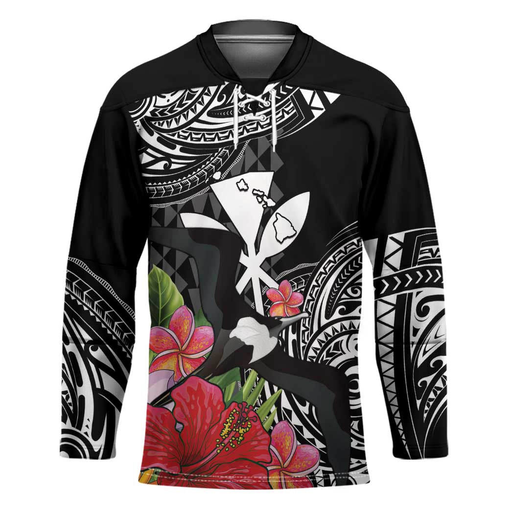 Hawaii Iwa Bird Hockey Jersey Great Frigatebird Kanaka Tropical Flowers - Polynesian Pride