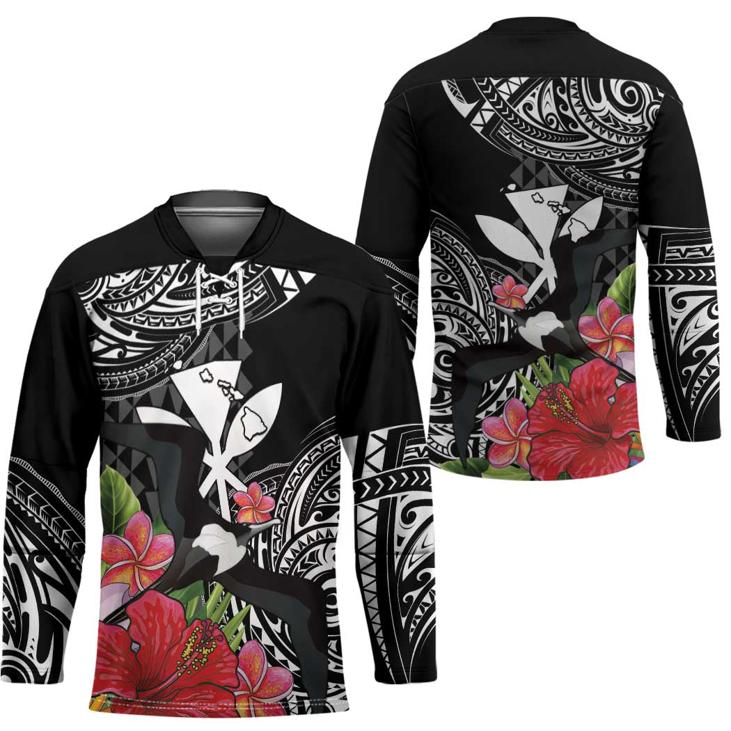 Hawaii Iwa Bird Hockey Jersey Great Frigatebird Kanaka Tropical Flowers - Polynesian Pride